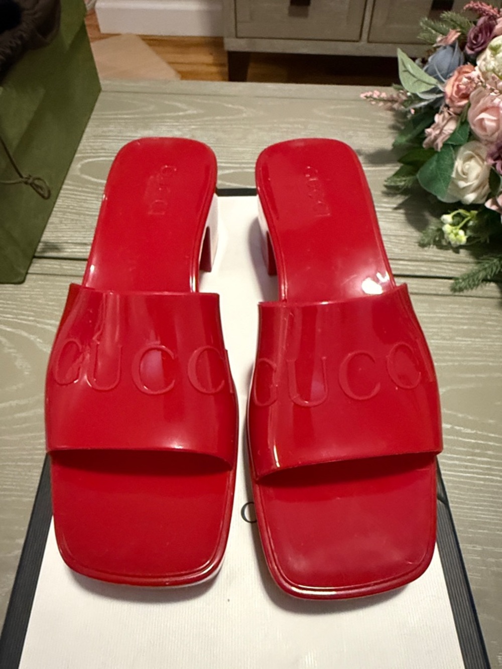 Gucci Red Patent Slide Mules with Embossed Logo